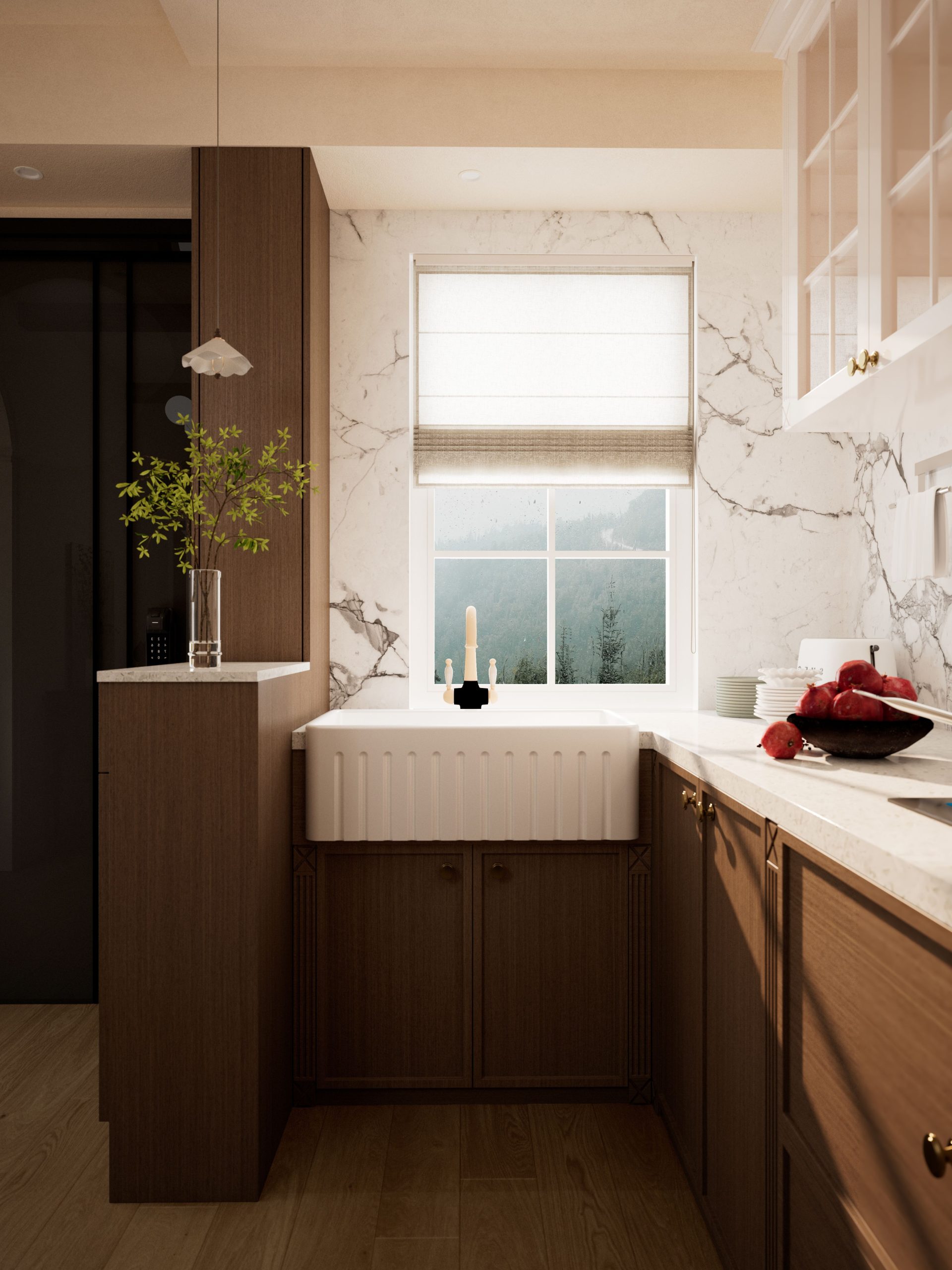 Elegant kitchen interior featuring marble countertops and wooden cabinetry.
